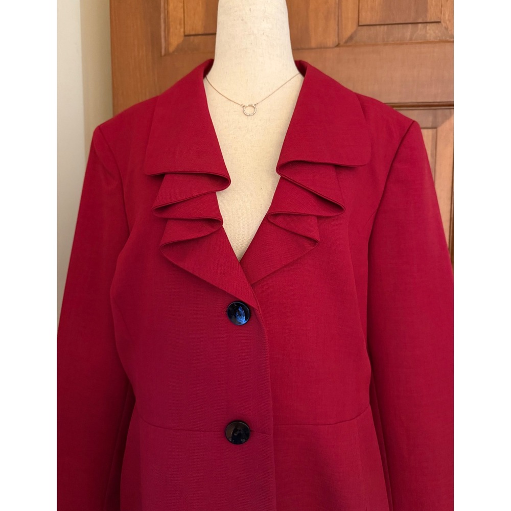 Kasper Ruffled Collar Blazer Women Size 14 Red Two-Button Business Casual Jacket